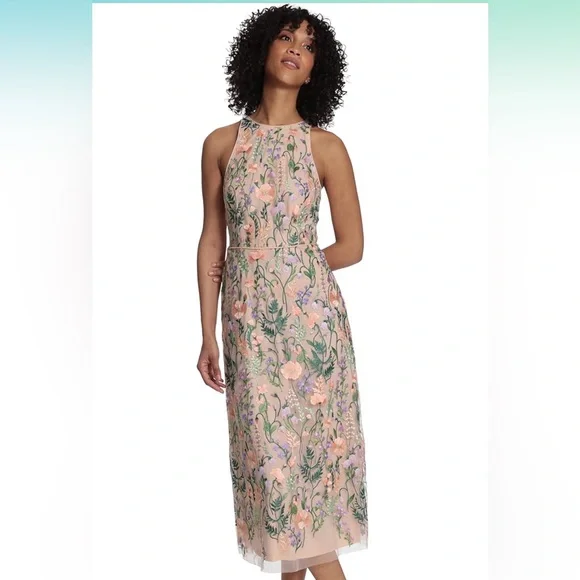 Maggy London Women's Floral Embroidered Halter Midi Dress with Back V-Neck - Picture 1 of 12